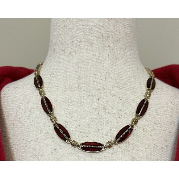 Monet Deep Red Enameled Necklace 16-18 Inches Gold Tone Extenders Signed - Picture 10 of 10